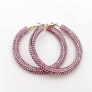 Glittering Large Rose-Pink Rhinestone Hoop Earrings